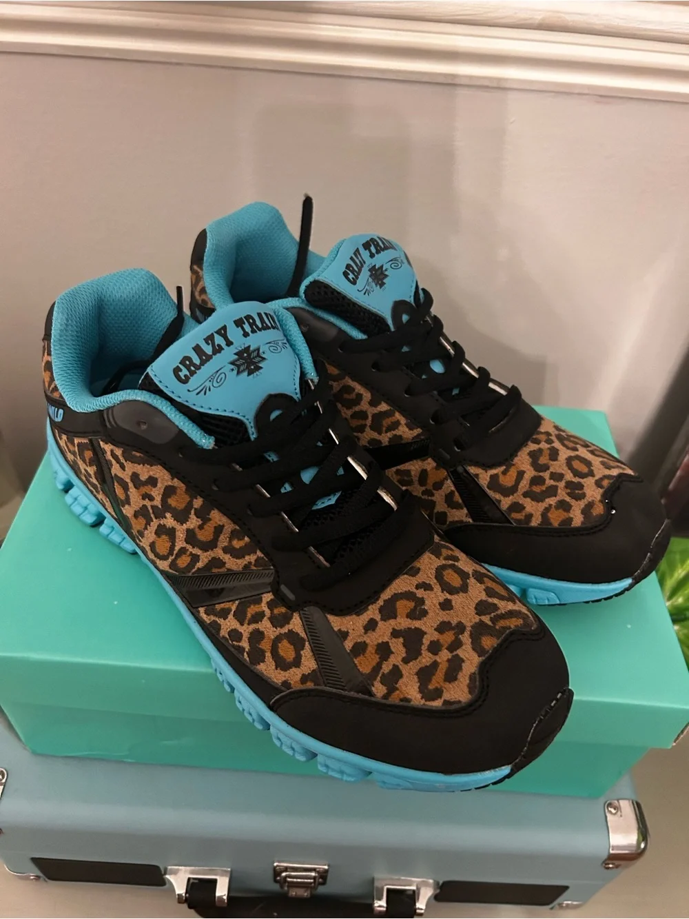 Crazy Train Leopard Print Athletic Sneakers - Black & Turquoise